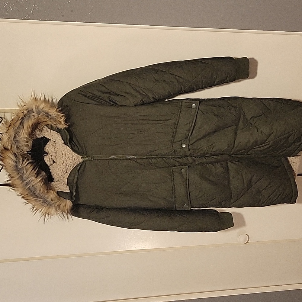 Altar'd State Reversible Olive & Cream Teddy Long Puffer Coat